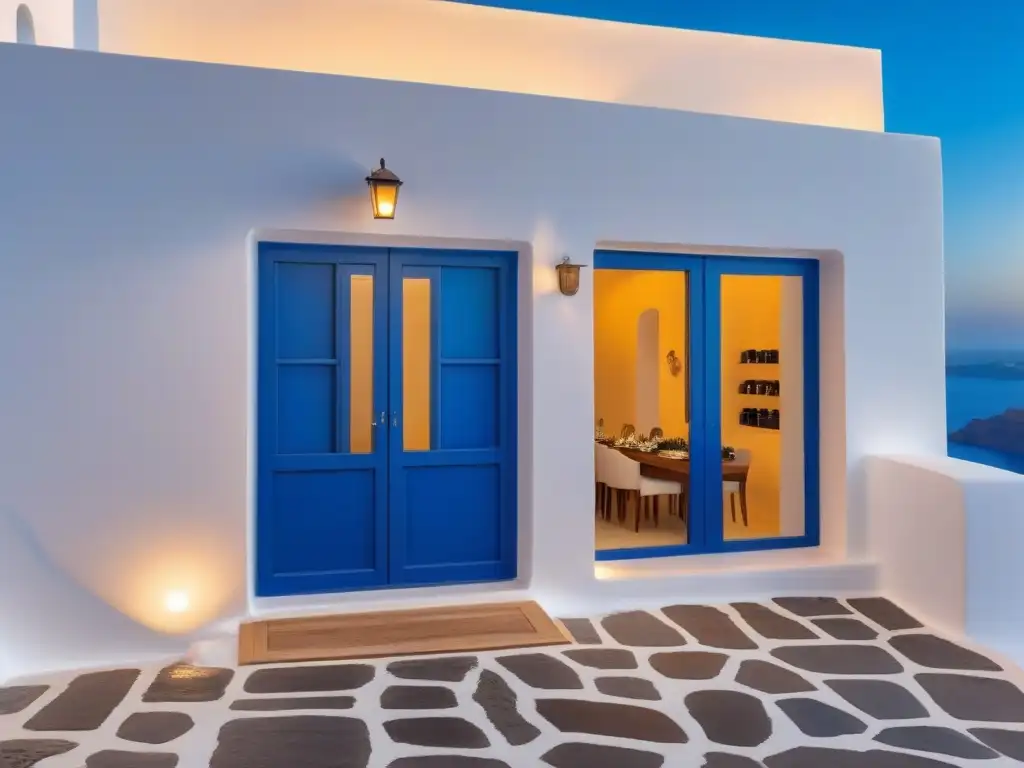 Boutique de lujo en Santorini: fachada blanca con detalles azules, exhibiendo exclusividad y elegancia