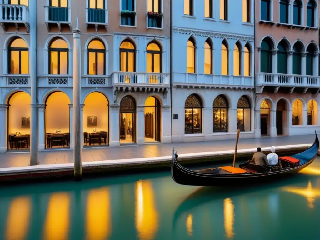 Una boutique de lujo en Venecia con diseño italiano moderno, rodeada de canales históricos, góndolas y encanto veneciano