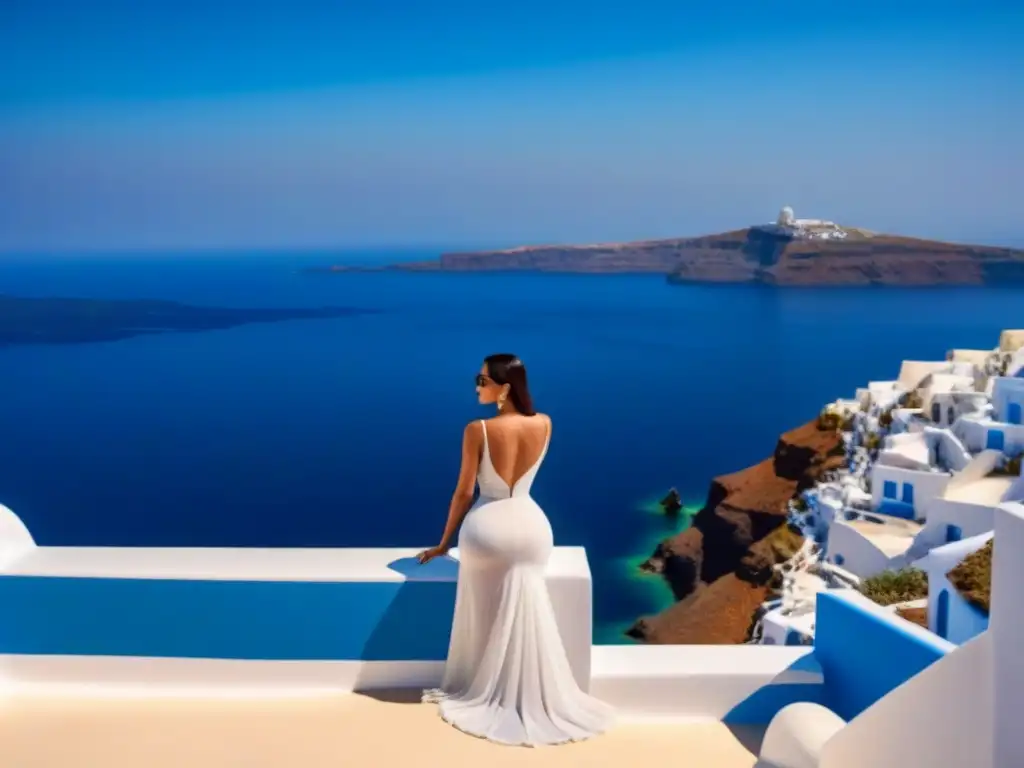 Boutique de lujo en Santorini: tienda elegante con maniquíes y diseño exclusivo, frente al mar y los icónicos edificios azules