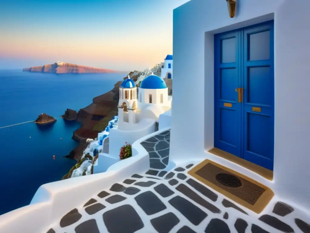 Boutiques de lujo en Santorini: Calles elegantes con arquitectura tradicional blanca y el mar Egeo de fondo