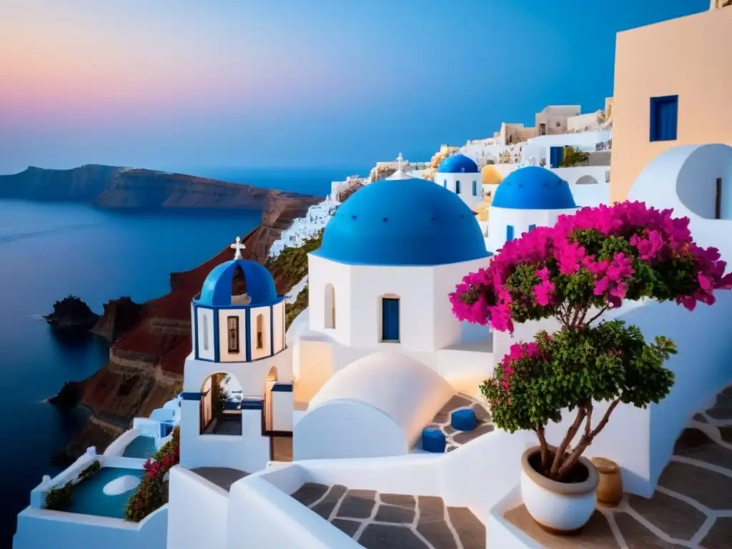 Boutiques de lujo en Santorini: Edificio blanco con cúpulas azules en acantilado, rodeado de flores y mar