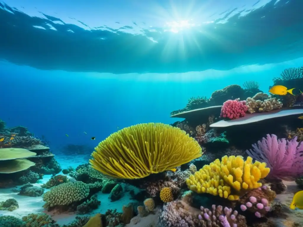 Brillante arrecife de coral con vida marina, reflejando la importancia de protegerlo del impacto de cruceros