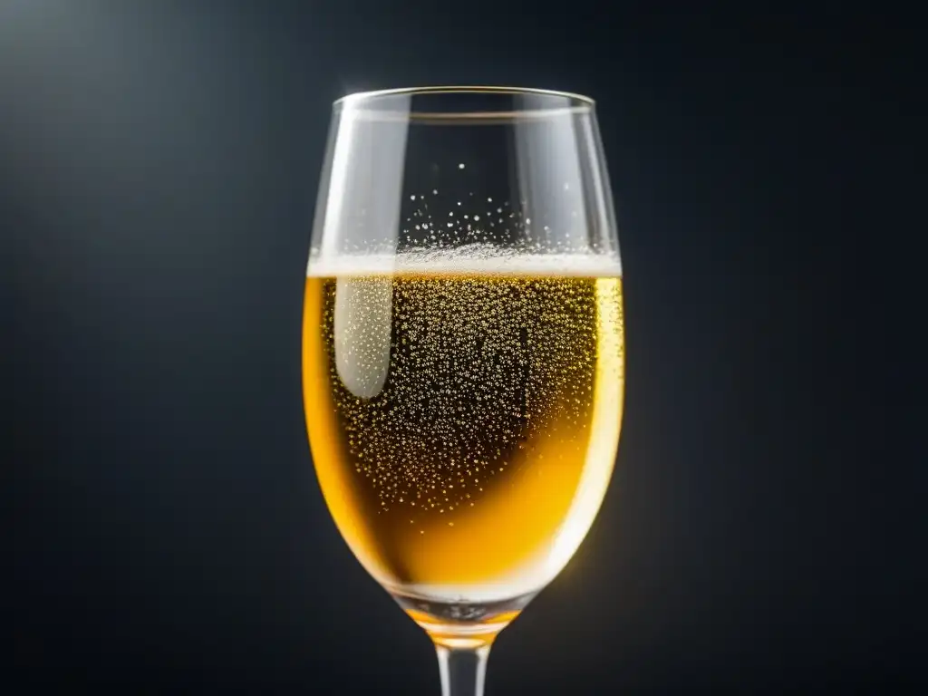 Champán burbujeante: elegancia en cristal Brindis de lujo: copa de champán burbujeante sobre fondo negro, reflejando luces doradas