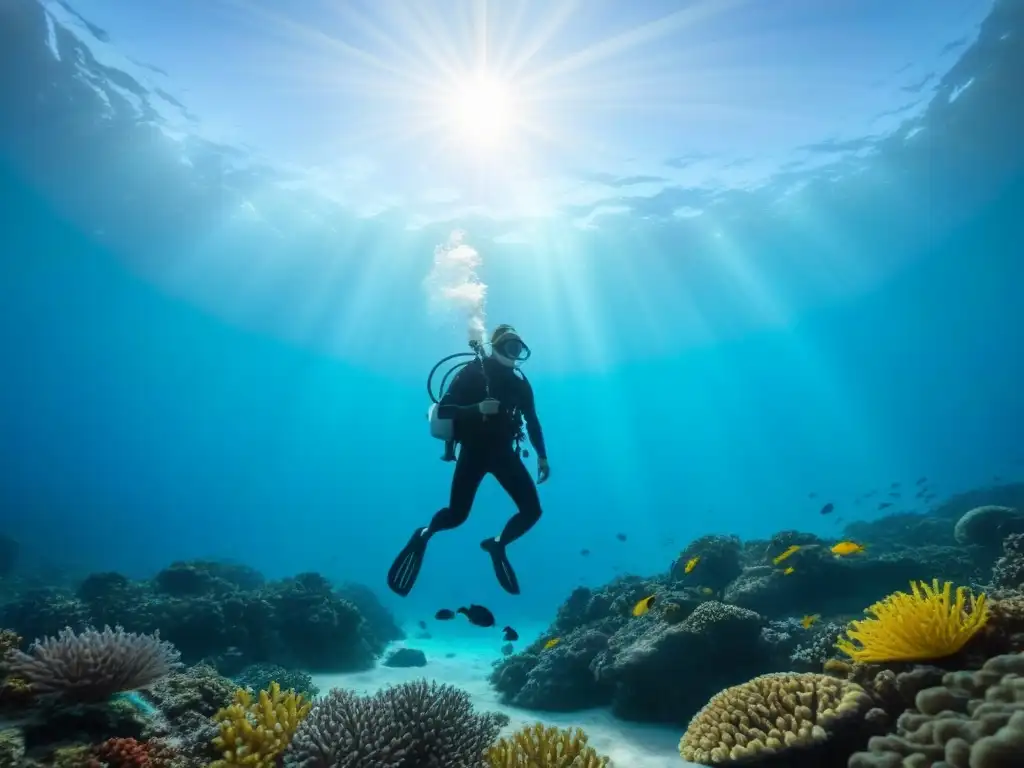 Un buceador se sumerge en aguas cristalinas rodeado de vida marina vibrante - Fotografía interacción vida marina