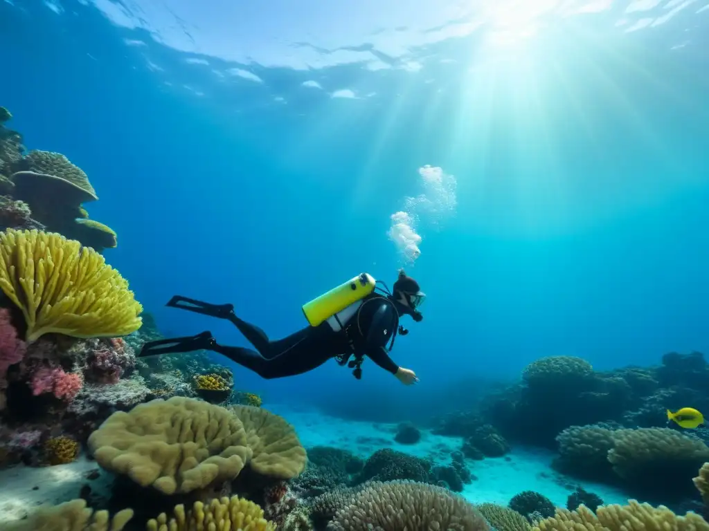 Un buceador flotando entre arrecifes de coral, demostrando la importancia de la preparación física para buceo