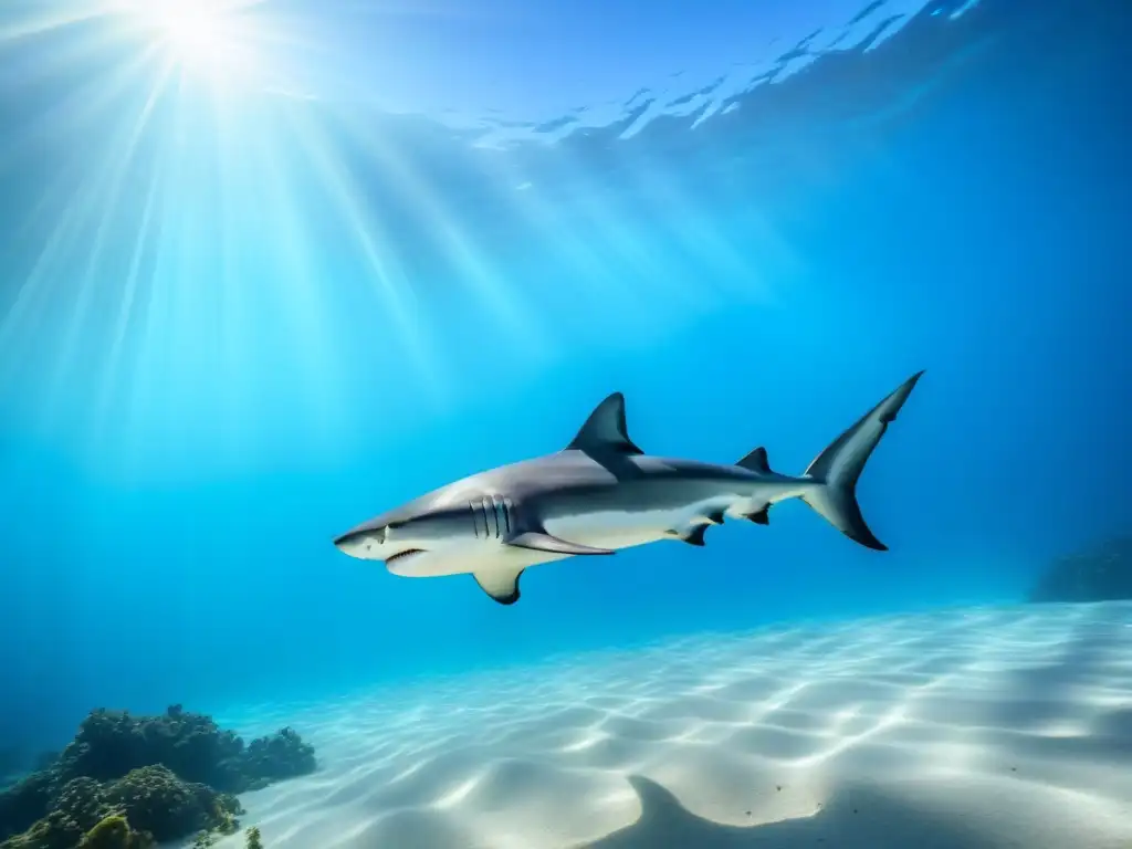 Un buceador nada en un entorno minimalista junto a un tiburón, creando un ambiente de buceo seguro con tiburones