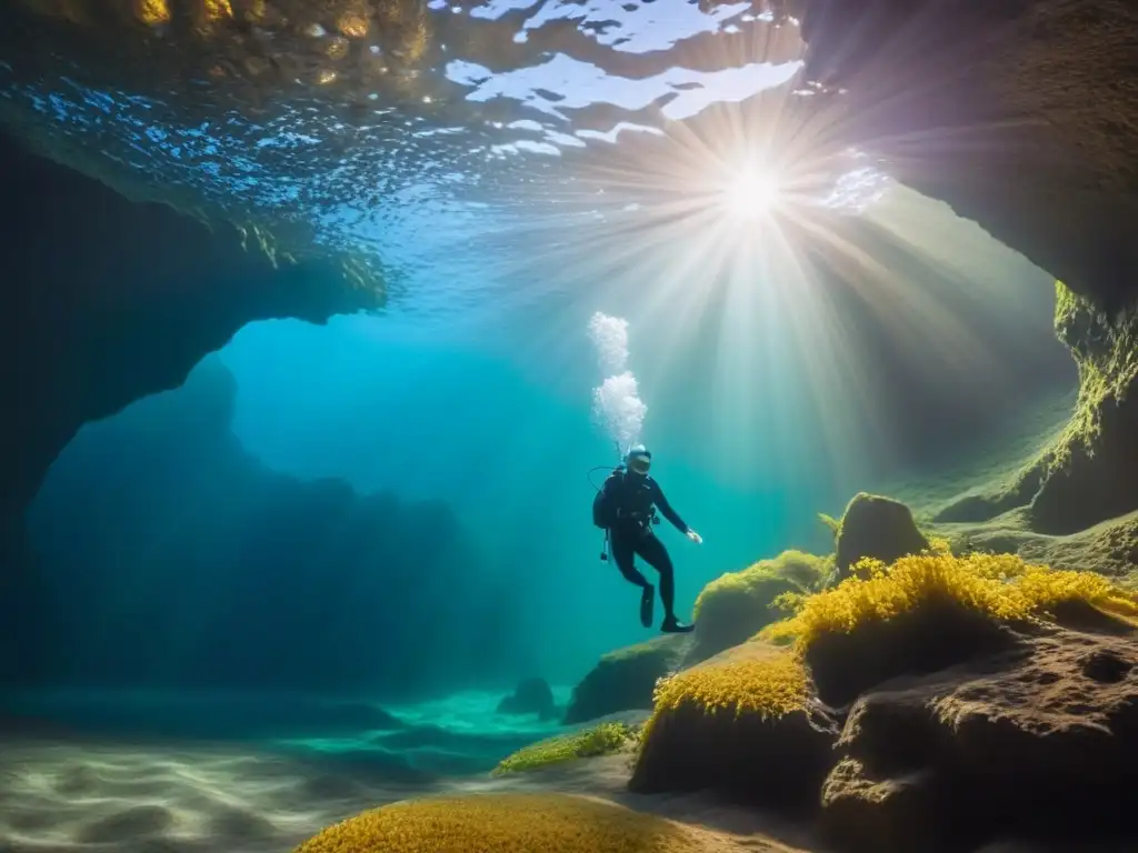 Un buceador explora con gracia un cenote, entre formaciones rocosas bajo la luz del sol