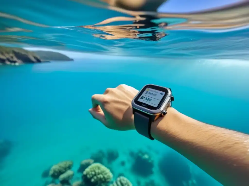 Un buceador disfruta del mar con un smartwatch impermeable, integrando tecnología en turismo marítimo