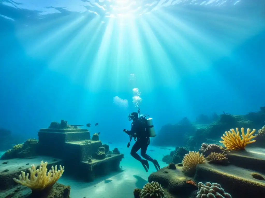 Un buceador explora un naufragio rodeado de vida marina colorida bajo la luz solar, en una escena de arqueología subacuática en cruceros