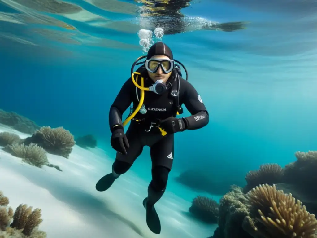 Un buceador solitario desciende en aguas cristalinas y heladas, mostrando el avanzado Equipo de buceo aguas frías