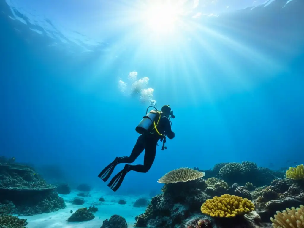 Un buceador solitario explora un arrecife de coral vibrante bajo el mar azul, transmitiendo tranquilidad y autoconfianza