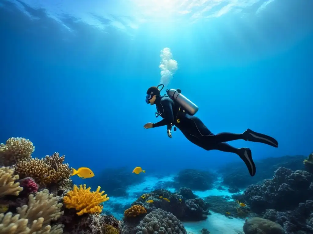 Un buceador solitario desciende con gracia en un arrecife de coral, mostrando la tranquilidad del buceo en solitario