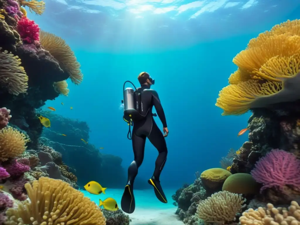 Un buceador en traje negro rodeado de coloridos arrecifes de coral