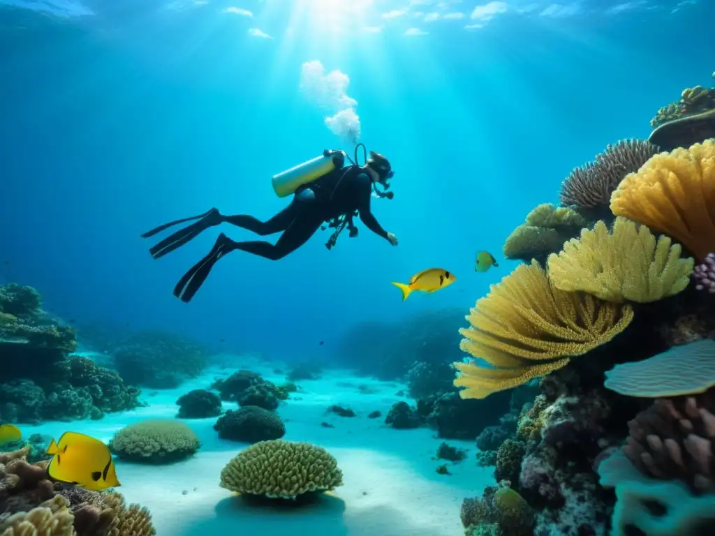 Un buceador explora un vibrante arrecife de coral lleno de peces coloridos en aguas cristalinas