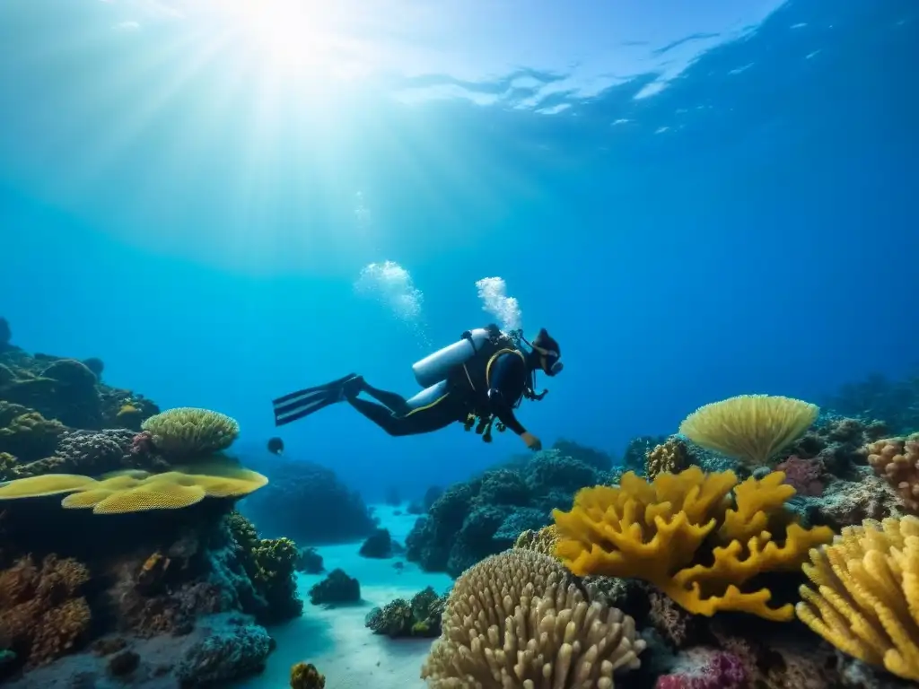 Dos buceadores exploran arrecife de coral, uno señala algo interesante al otro