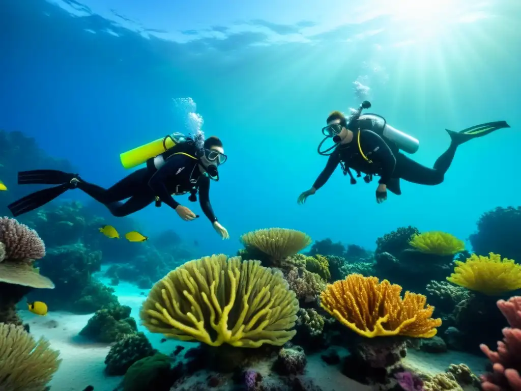 Dos buceadores exploran un arrecife de coral, demostrando seguridad y trabajo en equipo