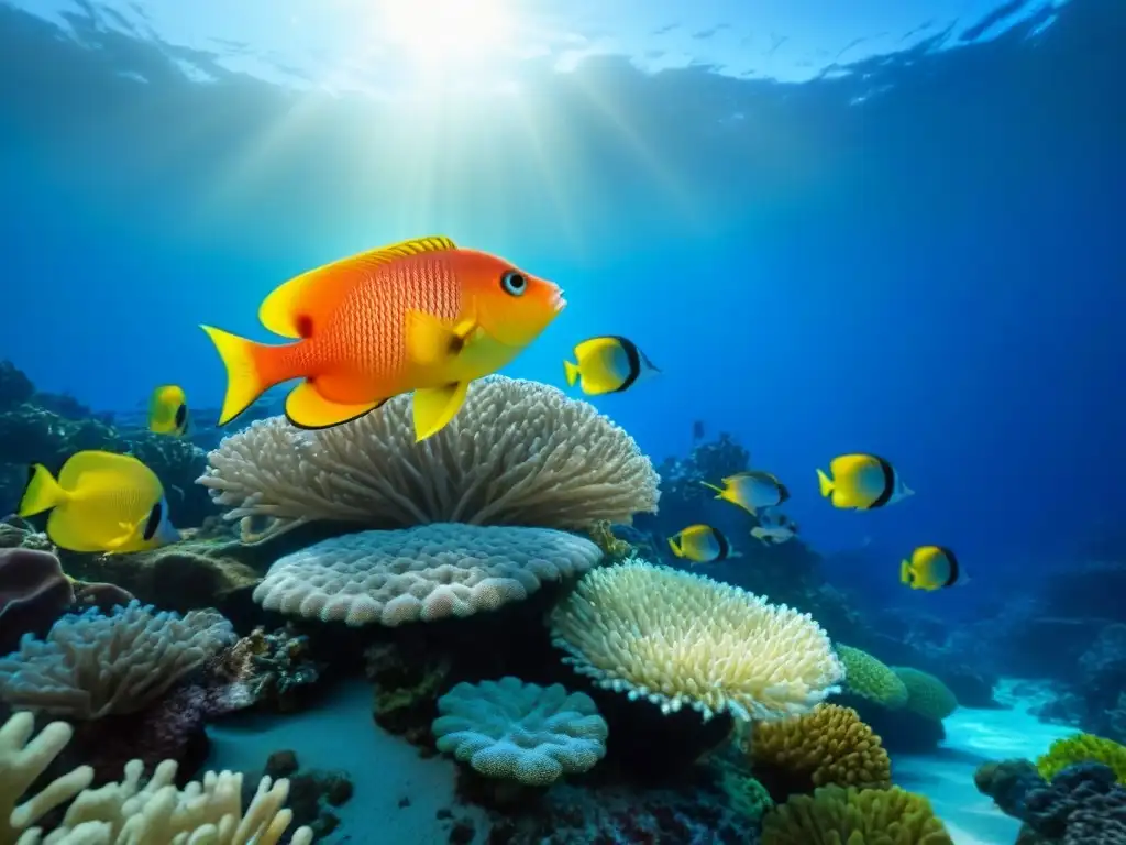 Buceo en cruceros de lujo: Arrecife de coral vibrante con peces coloridos nadando en aguas cristalinas, transmitiendo tranquilidad y belleza marina