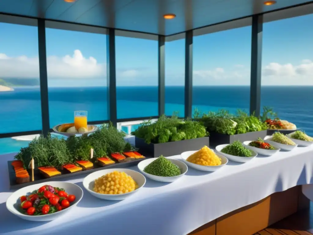 Un buffet elegante en un crucero con platos sin gluten, coloridos y apetitosos, bañados por luz natural