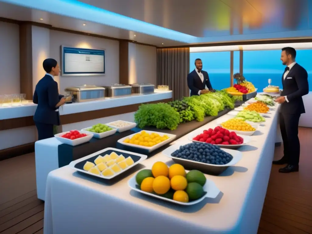 Un buffet organizado en un crucero, con frutas frescas y opciones libres de alérgenos