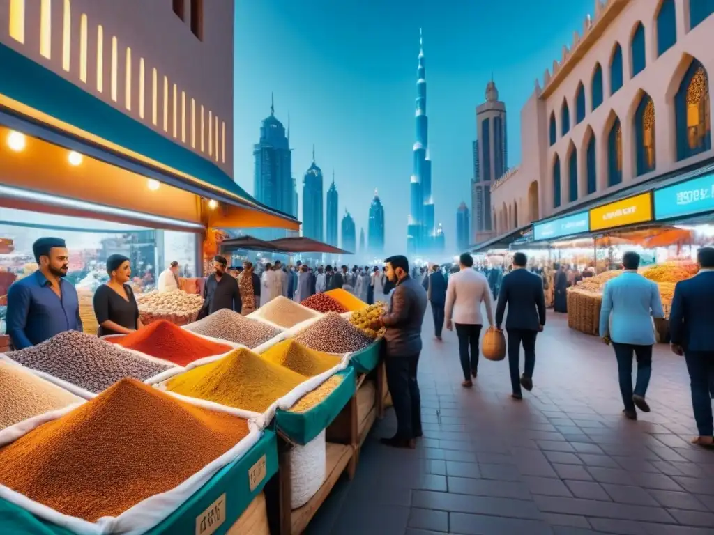 Una bulliciosa escena de un mercado tradicional en Dubai, fusionando encanto antiguo y lujo moderno