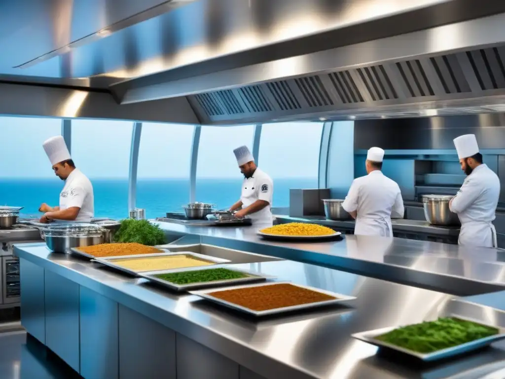 Un bullicioso y detallado escenario en la cocina de un crucero: chef preparan platos inusuales con ingredientes frescos, bajo luz natural