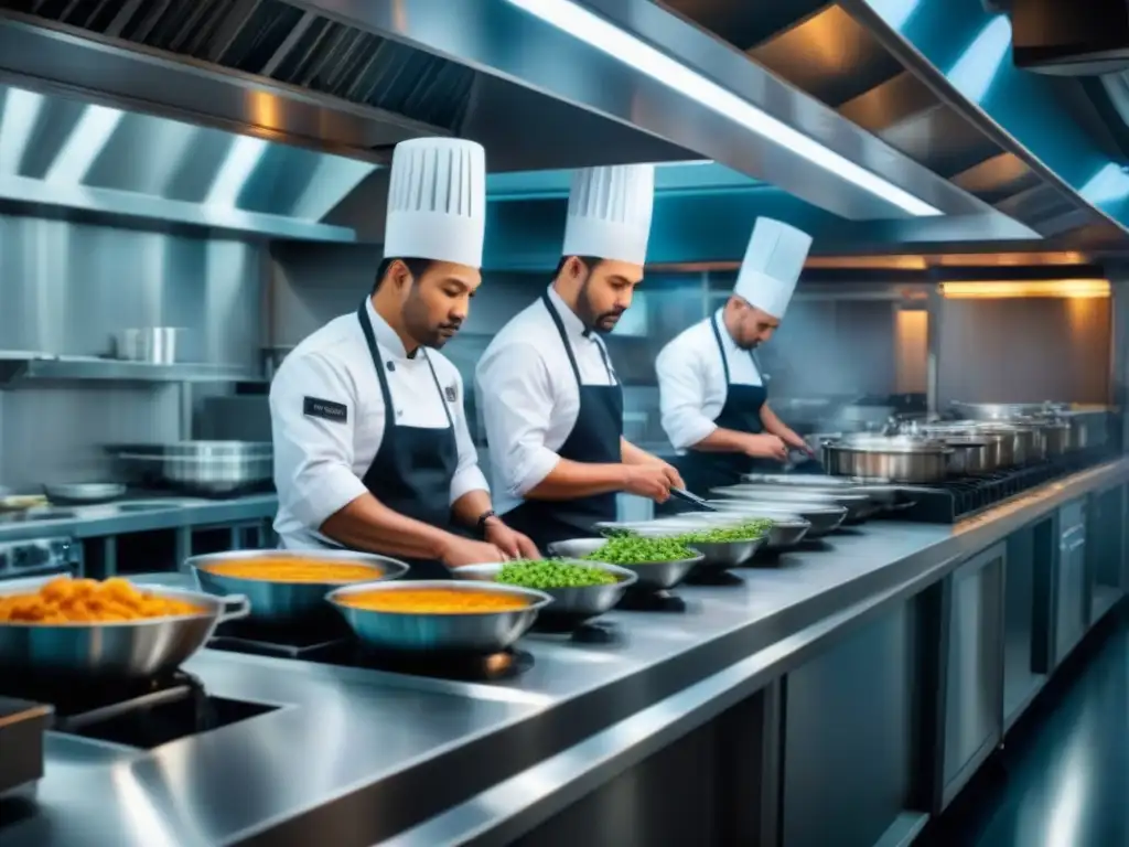 Un bullicioso y organizado escenario de cocina en un crucero, donde chefs de diversas nacionalidades preparan platos de gastronomía global