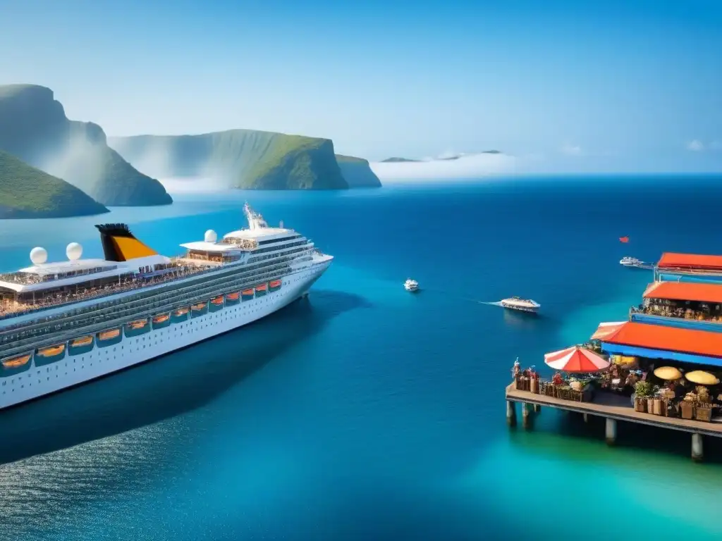 Un bullicioso puerto de cruceros con turistas explorando coloridos puestos de artesanías locales, fusionando tradición y turismo, bajo un cielo azul