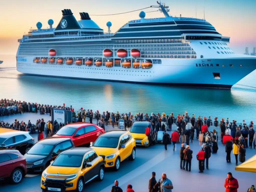 Un bullicioso puerto turístico con un crucero, vendedores locales y transporte, mostrando el impacto económico del turismo de cruceros