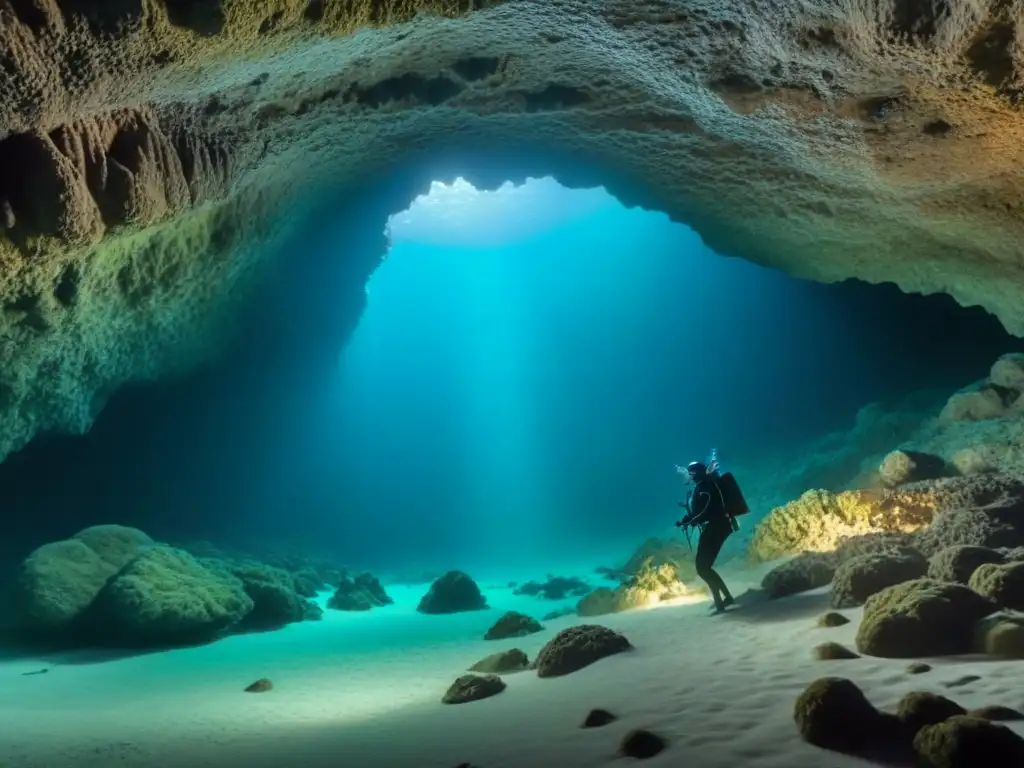 Buzo explorando cueva submarina, ambiente misterioso iluminado por luz filtrada