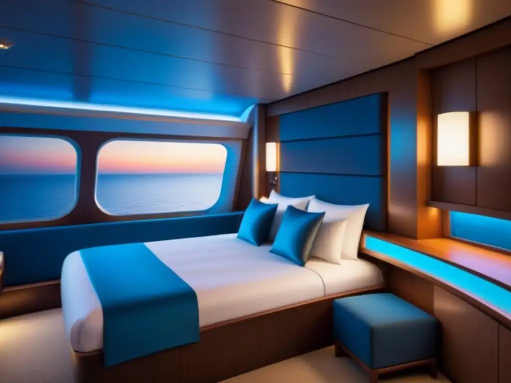 Una cabina de crucero moderna con iluminación inteligente y diseño minimalista, elegante y sofisticado