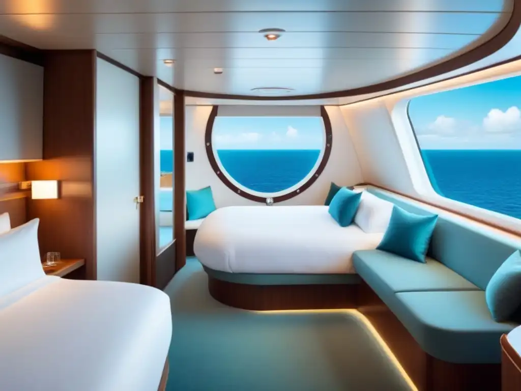 Cabinas accesibles en cruceros: Amplia cabina con diseño minimalista, accesibilidad y vista al mar