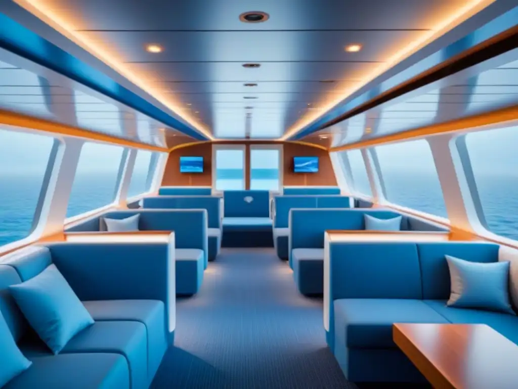 Cabinas adaptativas IA turismo marítimo: Ilustración minimalista de un crucero futurista con cabinas integradas al diseño, tecnología y confort