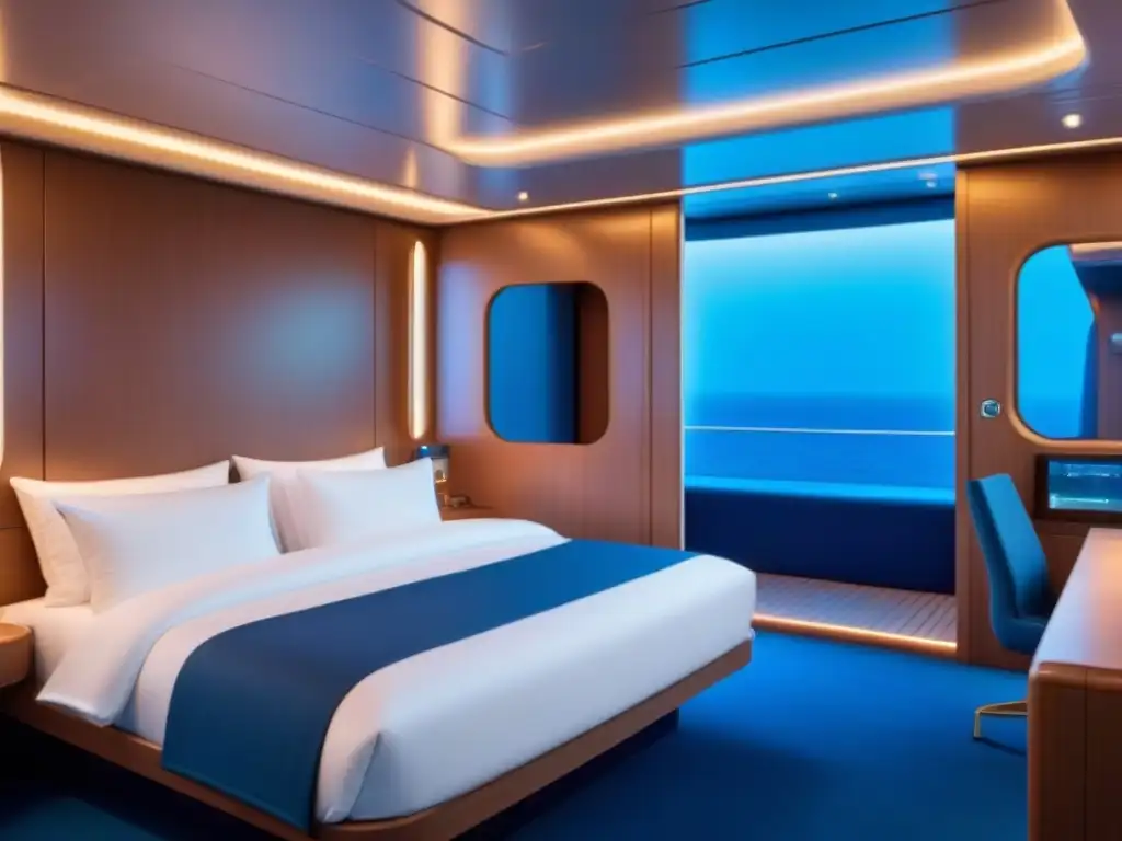 Cabinas adaptativas IA turismo marítimo: Cabina futurista en crucero con tecnología AI avanzada y diseño minimalista