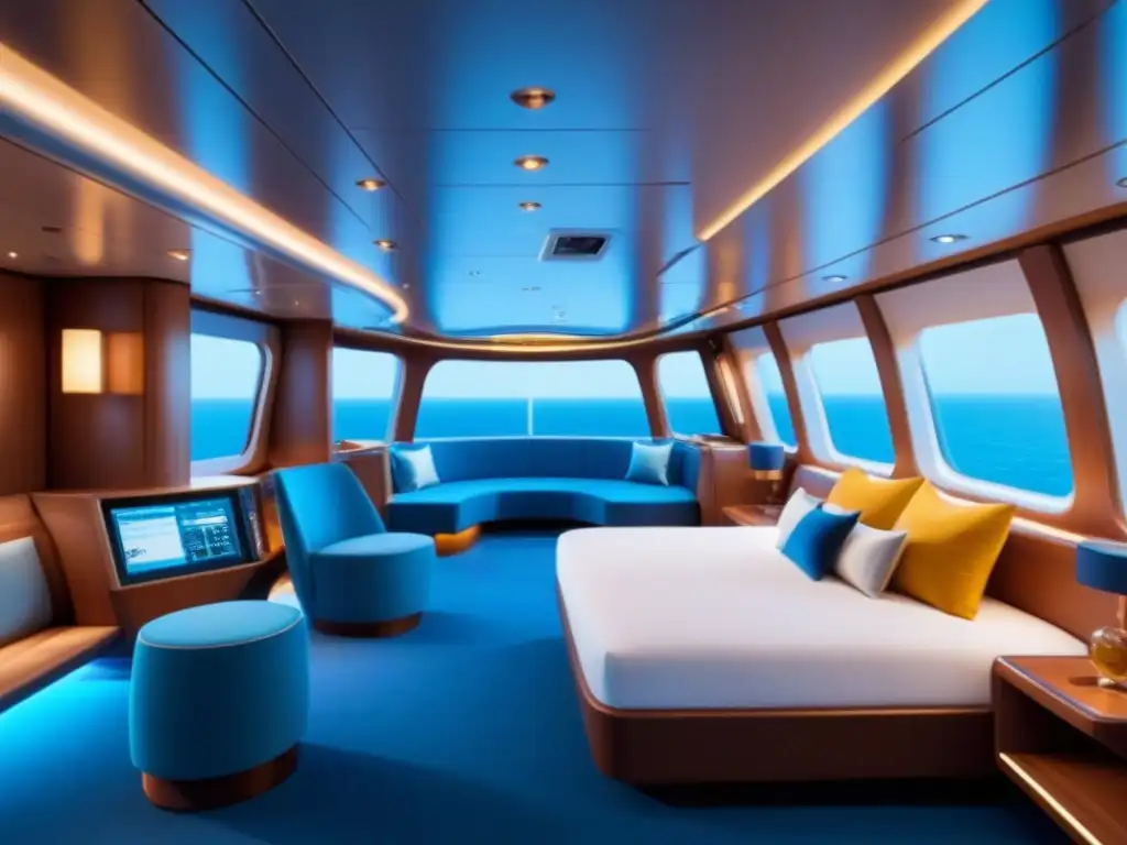 Cabinas adaptativas IA turismo marítimo: Una lujosa cabina de crucero futurista con tecnología avanzada y elegante diseño en tonos azules metálicos