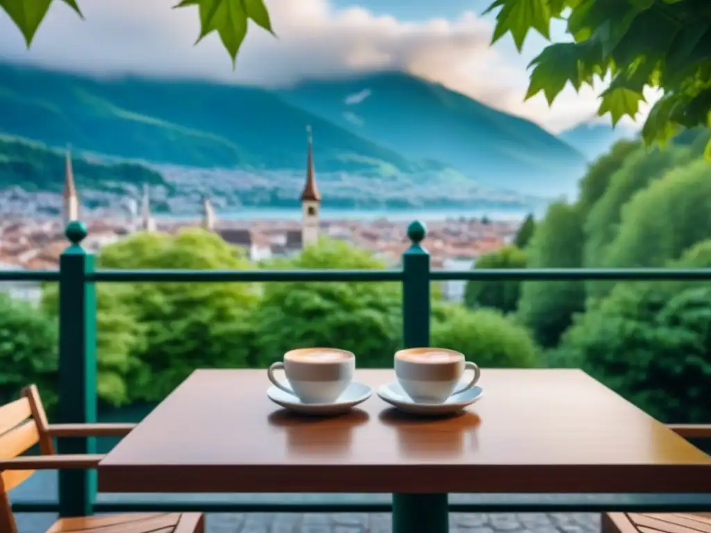 Un café al aire libre en Zúrich, rodeado de vegetación, con los Alpes suizos de fondo