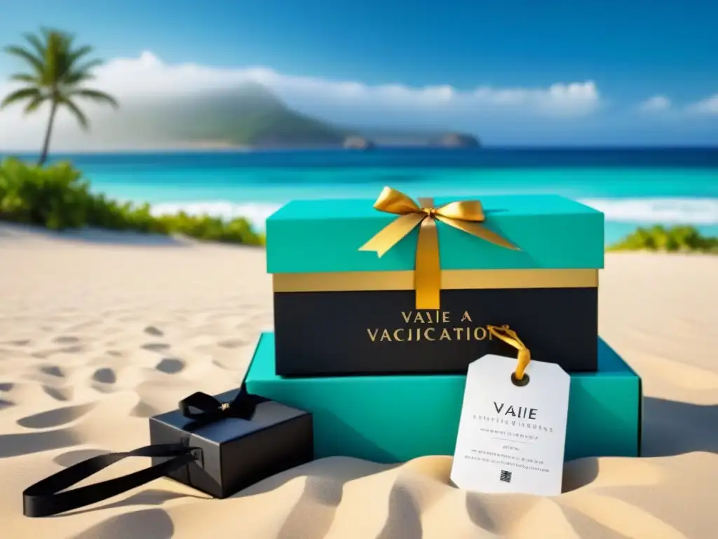 Una caja de regalo negra mate con lazo dorado y etiqueta 'Viaje a Islas Exclusivas Vacaciones', sobre una playa paradisíaca