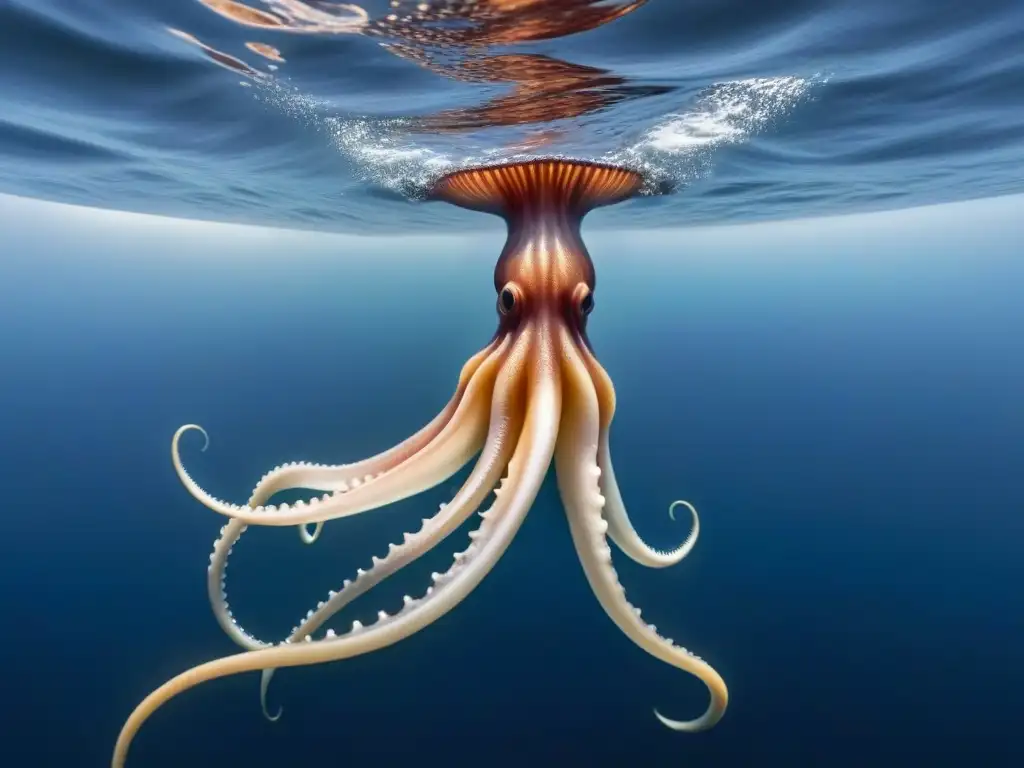 Un calamar gigante resplandeciente surca misteriosamente el océano azul profundo