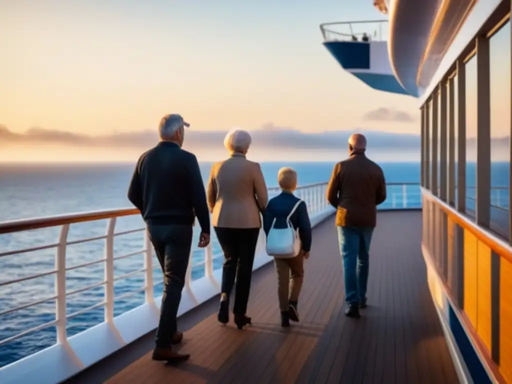 Una cálida escena familiar en un crucero al atardecer, destacando la unión entre generaciones