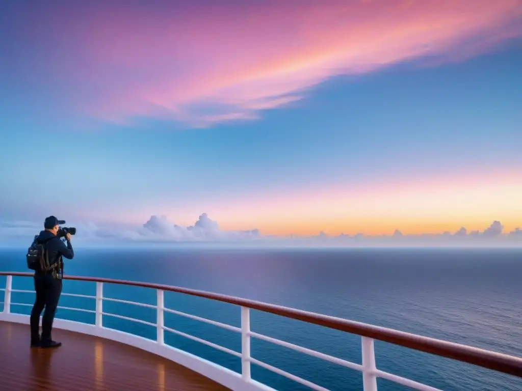 Fotografía de calidad en cruceros: Amanecer sereno sobre el océano desde un crucero, fotógrafo capturando el momento