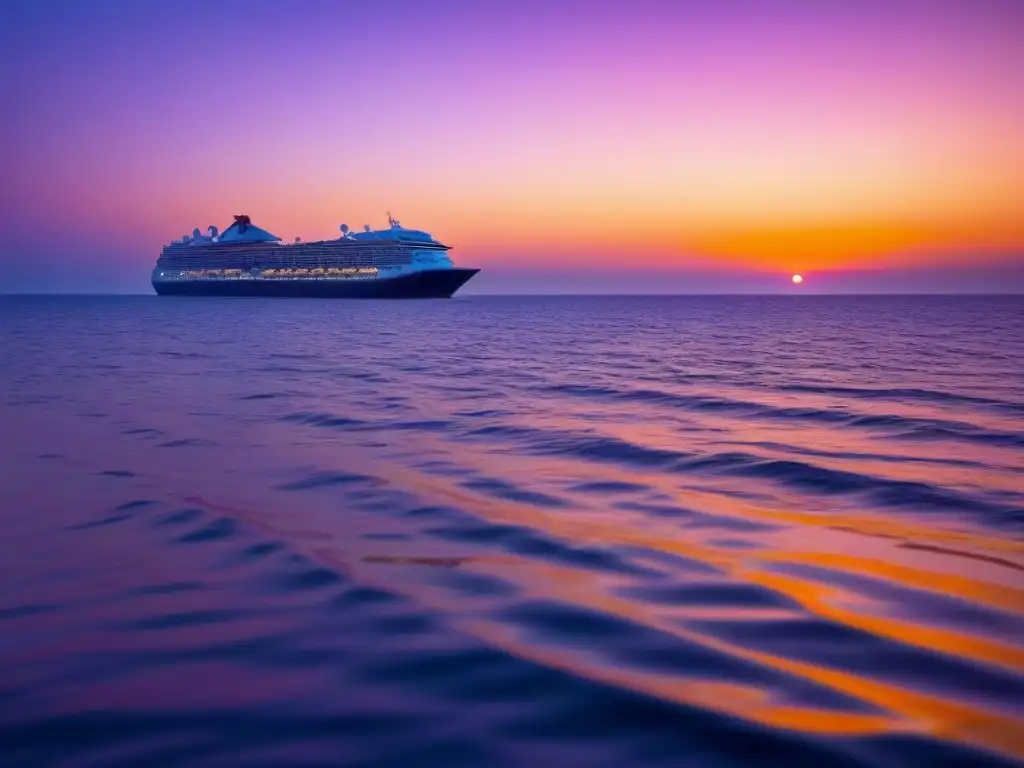 Fotografía de calidad en cruceros: Atardecer sereno sobre el océano, reflejando tonos vibrantes en el agua calmada, con un crucero al fondo