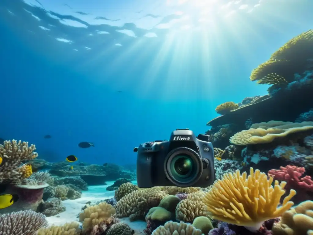 Fotografía de calidad en cruceros: cámara moderna capturando vida marina colorida en arrecife de coral bajo el mar