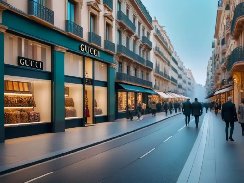 Calle de compras de lujo en Barcelona con tiendas de diseño como Gucci, Prada y Louis Vuitton, reflejando elegancia y sofisticación