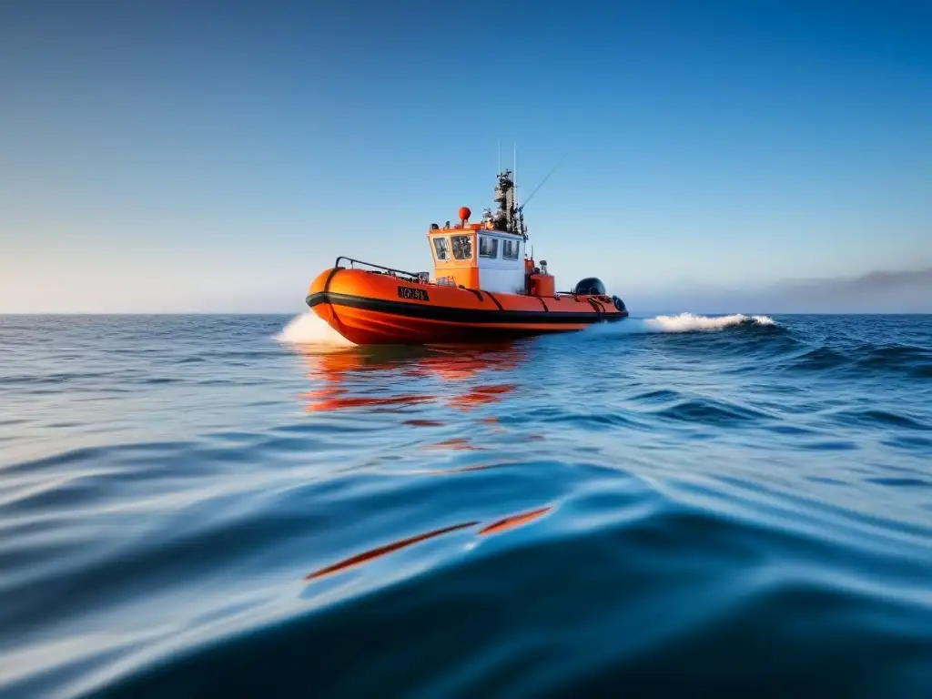 Una balsa salvavidas flotando en calma en un océano tranquilo y cielo azul, reflejando calma en situaciones de emergencia