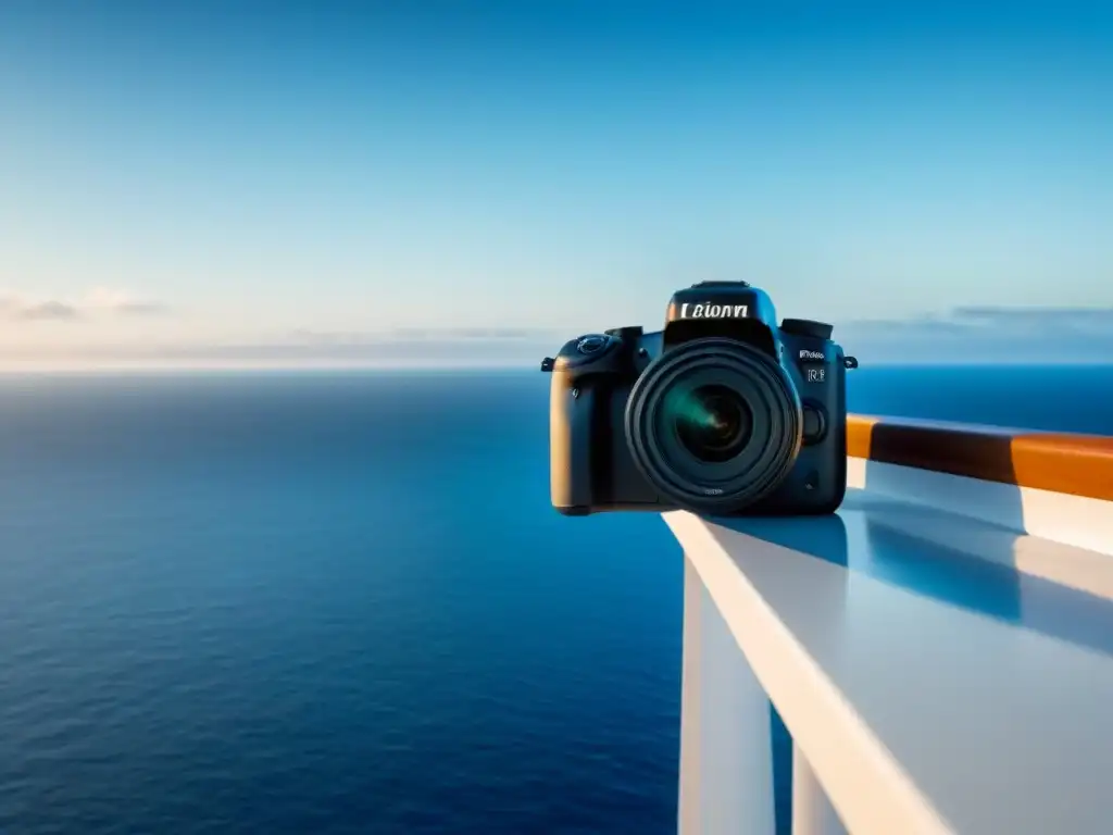 Una cámara digital moderna en un crucero, reflejando el sol sobre el mar tranquilo