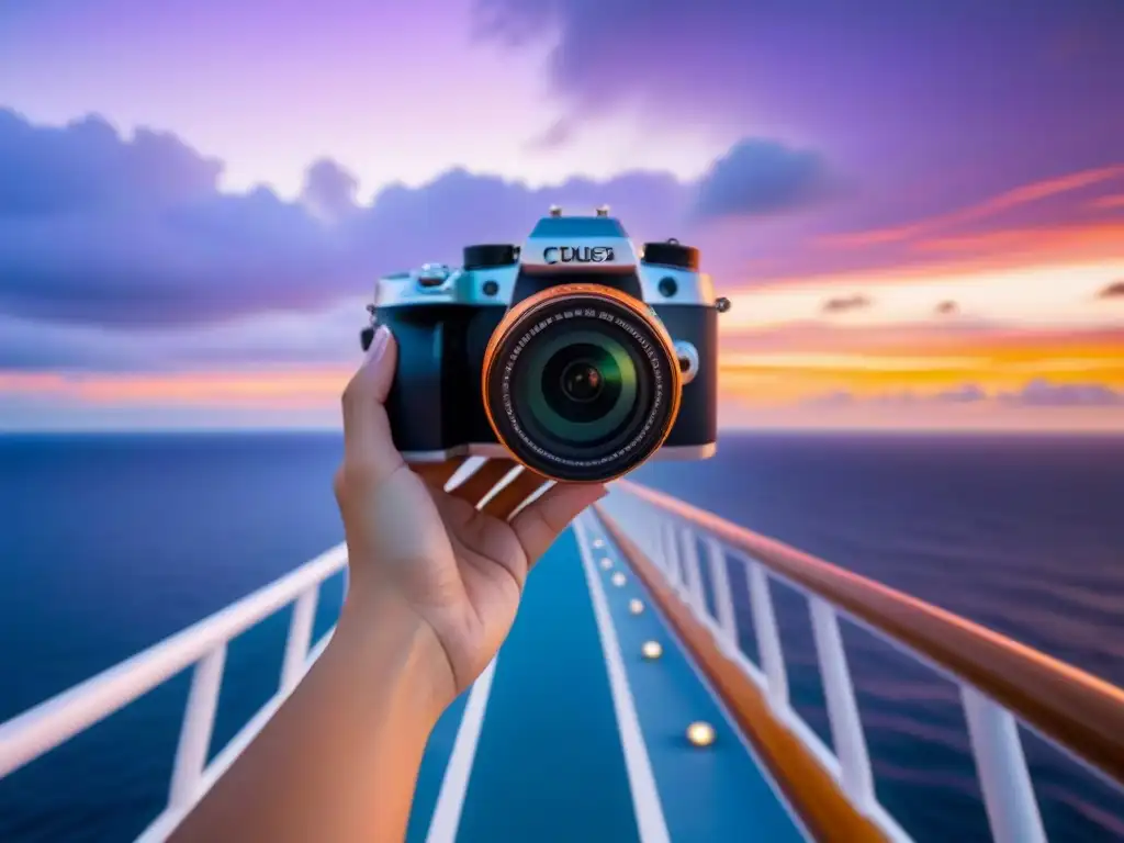 Una cámara moderna capturando un atardecer en un crucero