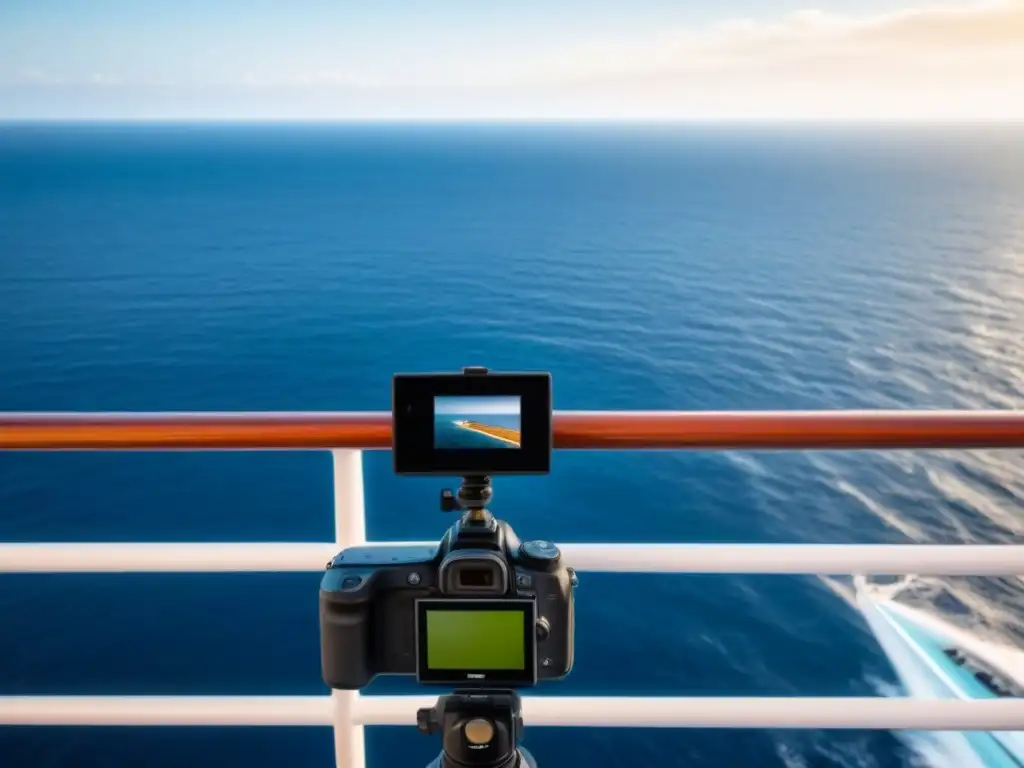 Cámara fotográfica en crucero de lujo Una cámara moderna en un crucero de lujo capturando el mar infinito bajo el cielo azul