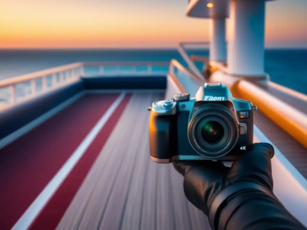 Una cámara moderna reposa en la cubierta de un crucero al amanecer, con el mar tranquilo de fondo