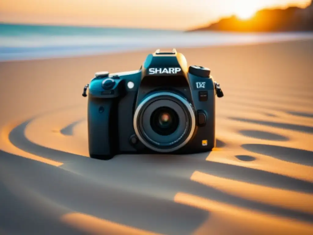 Una cámara moderna en la playa al atardecer, reflejando la esencia de la fotografía en cruceros: consejos esenciales