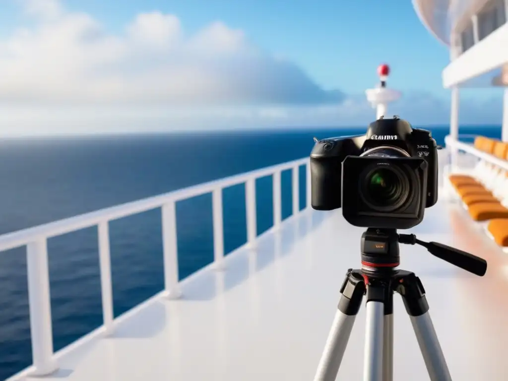 Una cámara de diseño moderno destaca en la cubierta blanca de un crucero, ideal para sesiones de fotografía en cruceros: consejos esenciales