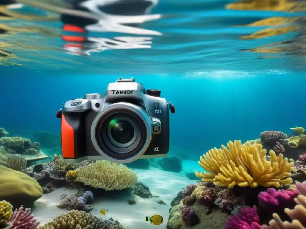 Una cámara acuática capturando la vida marina en un arrecife de coral